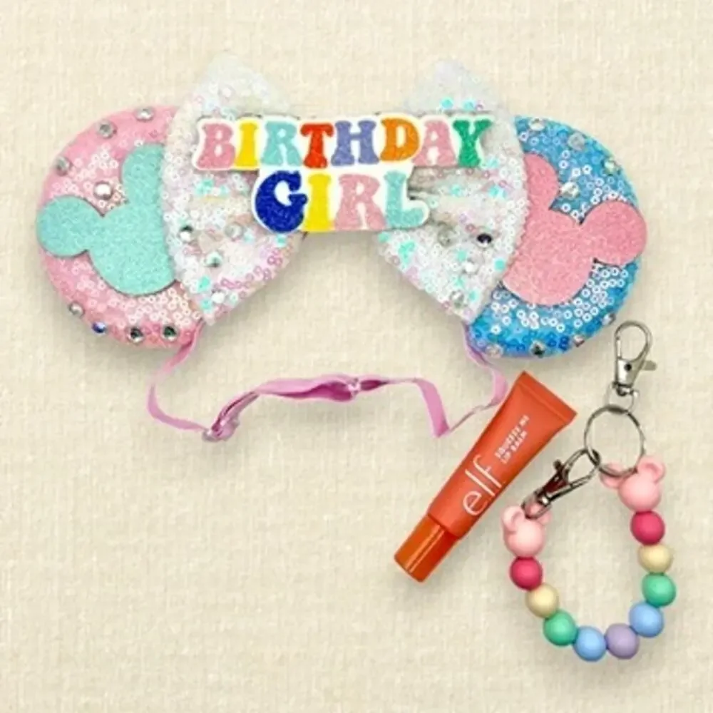 Elastic Pink & Blue Birthday Girl Minnie Ears | Disney-Inspired Mouse Ears
